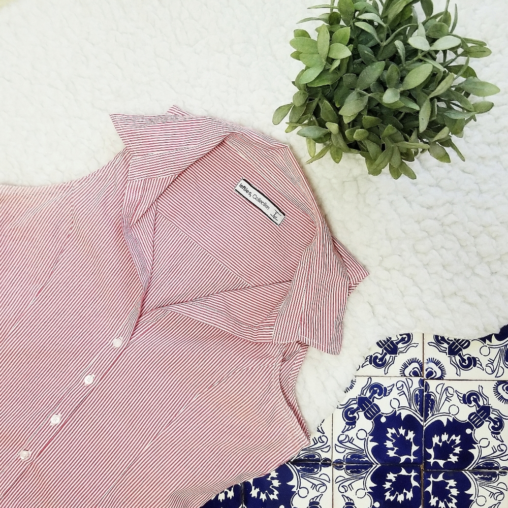 LEFTIES striped button down red and white shirt